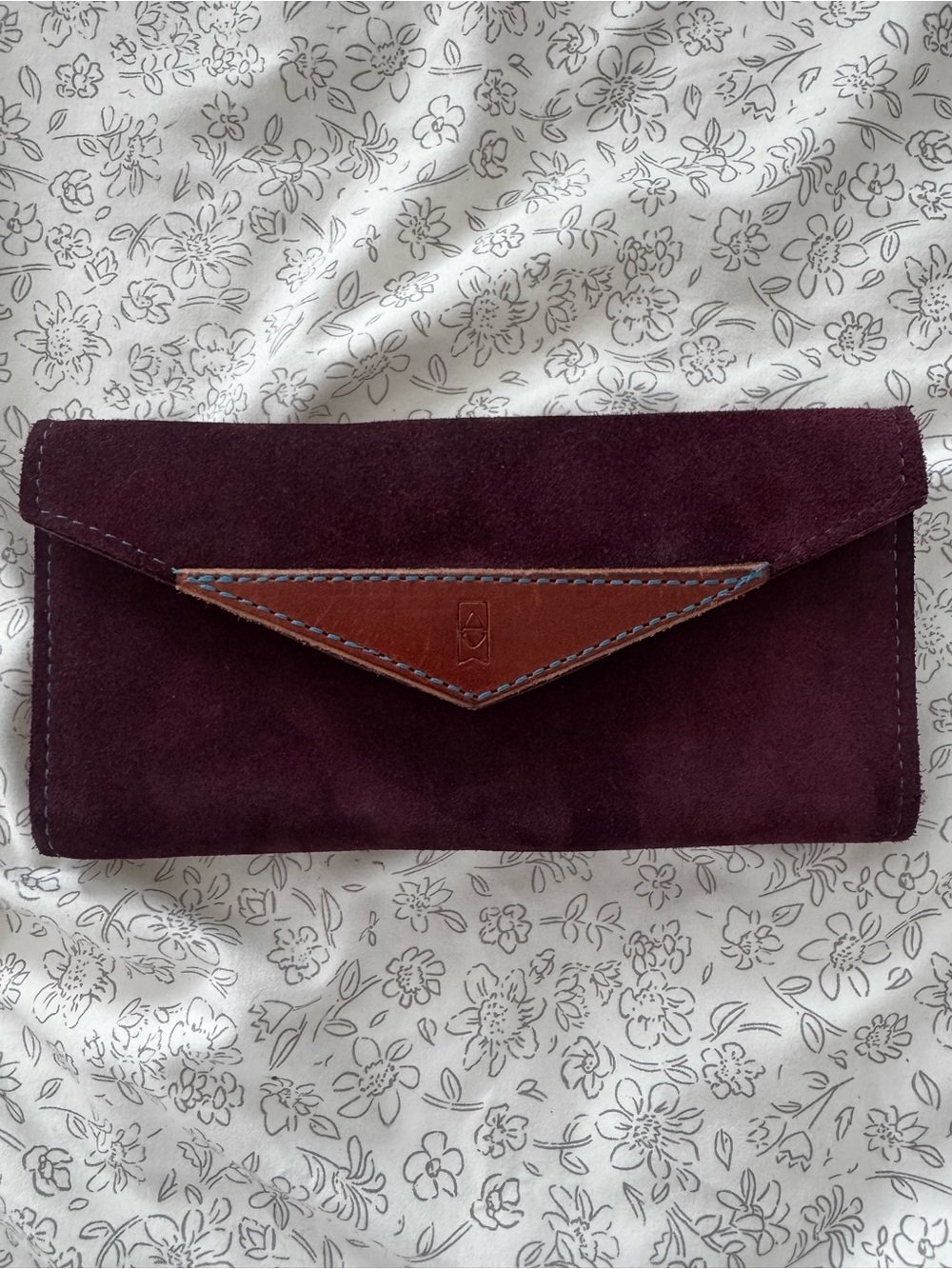 Suede Envelope Wallet Clutch in Deep Plum with Leather Trim